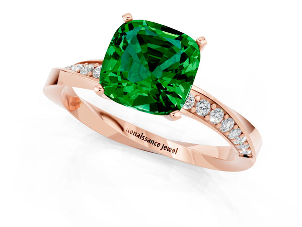 Rose gold Cushion Cut Emerald Engagement Ring with Side Stone Accents and Four-Prong Setting