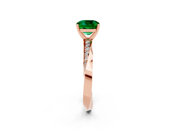 Rose gold Cushion Cut Emerald Engagement Ring with Side Stone Accents and Four-Prong Setting