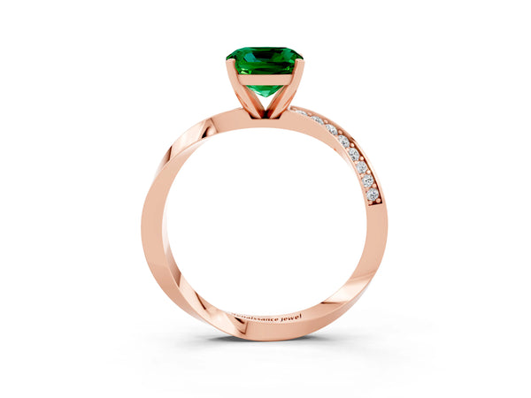 Rose gold Cushion Cut Emerald Engagement Ring with Side Stone Accents and Four-Prong Setting
