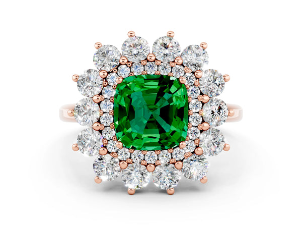 Rose gold Cushion Cut Emerald Floral Double Halo Engagement Ring with Prong Setting