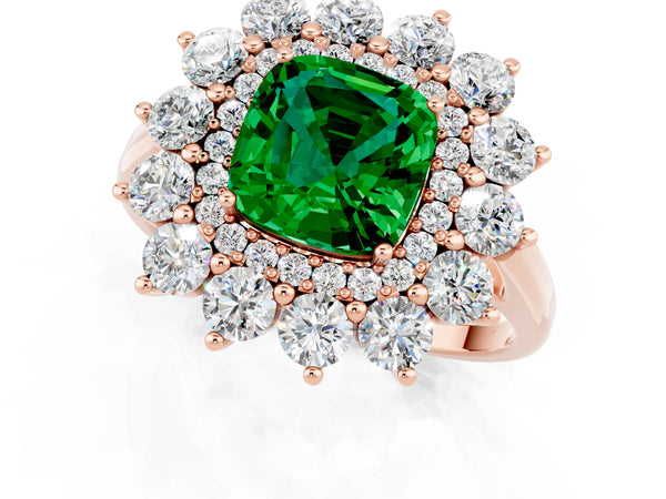 Rose gold Cushion Cut Emerald Floral Double Halo Engagement Ring with Prong Setting