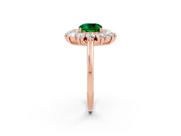 Rose gold Cushion Cut Emerald Floral Double Halo Engagement Ring with Prong Setting