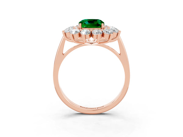 Rose gold Cushion Cut Emerald Floral Double Halo Engagement Ring with Prong Setting