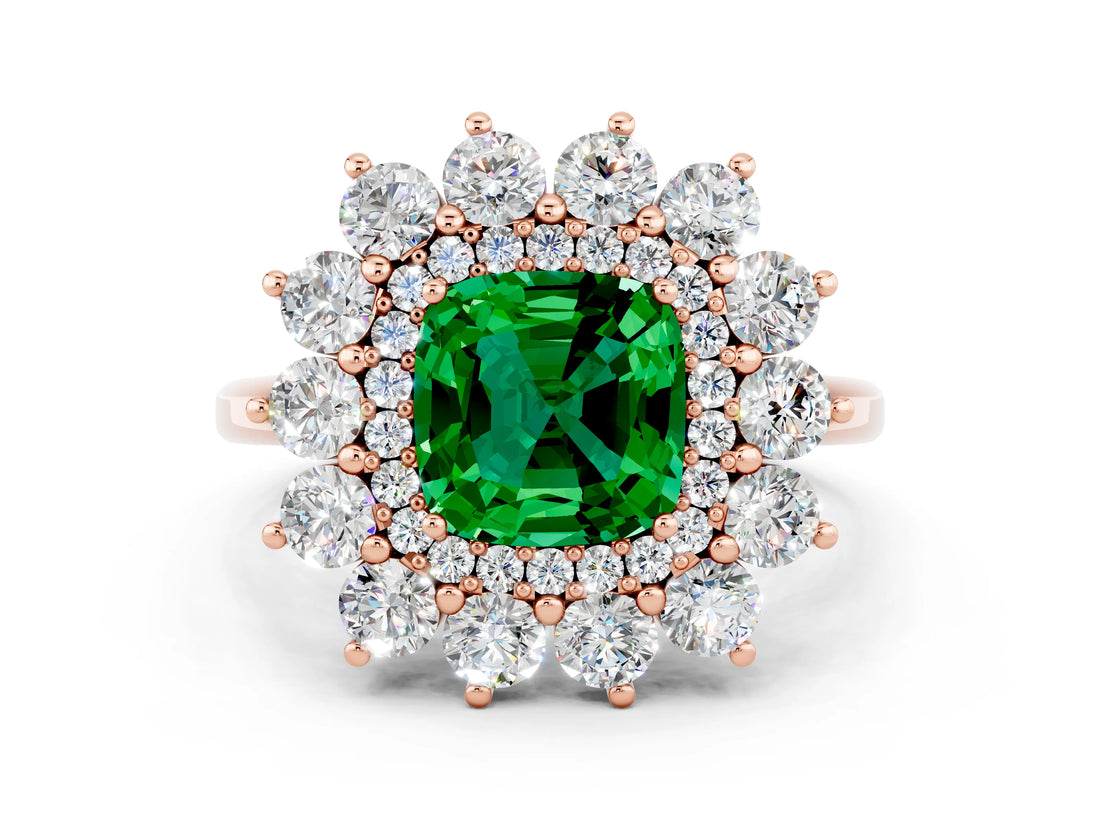 Rose gold Cushion Cut Emerald Floral Double Halo Engagement Ring with Prong Setting_60