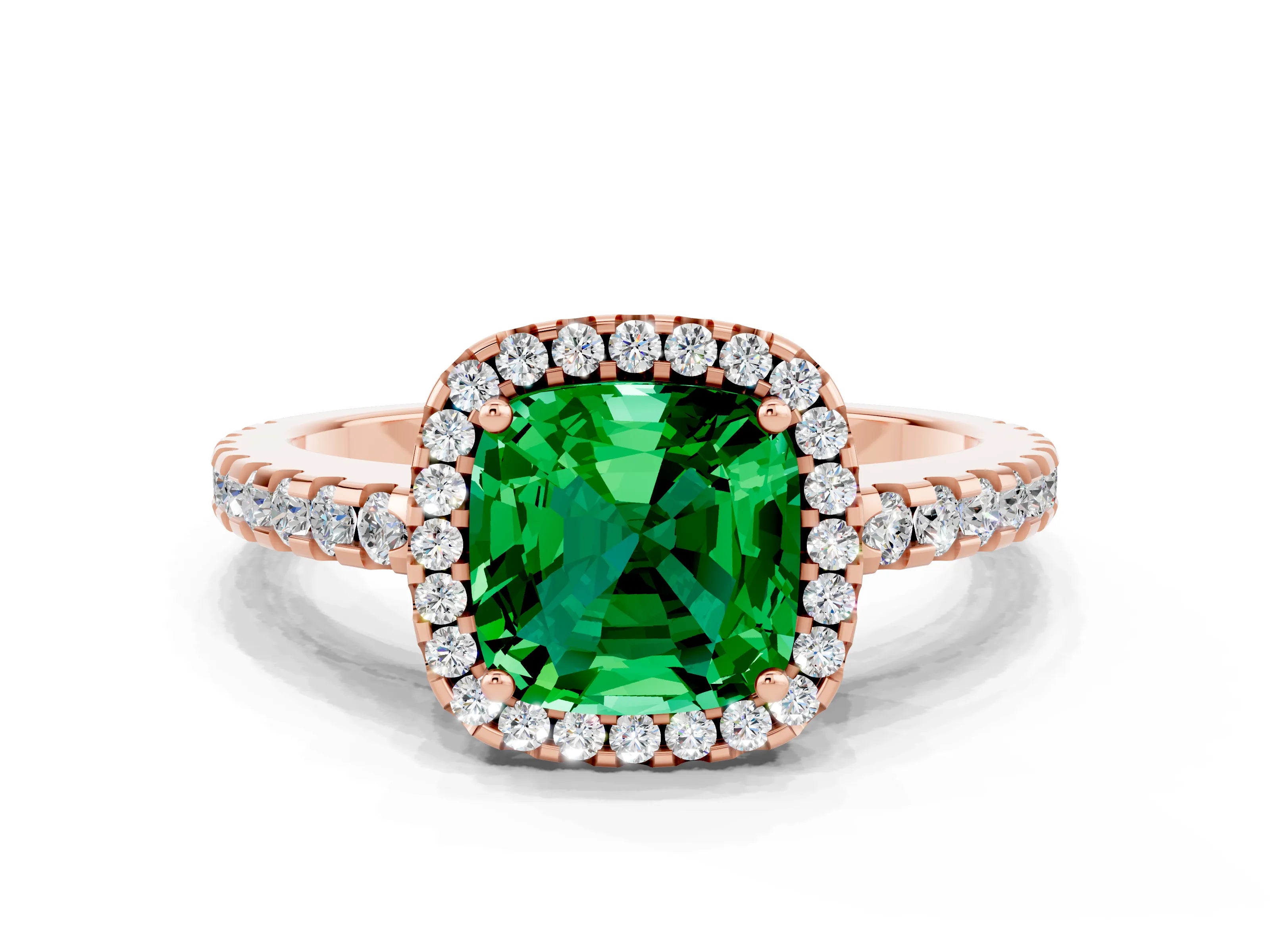 Rose gold Cushion Cut Emerald Halo Engagement Ring with Pavé Band and Prong Setting_12