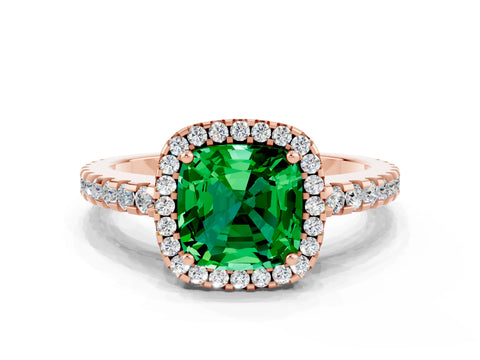 Rose gold Cushion Cut Emerald Halo Engagement Ring with Pavé Band and Prong Setting_12