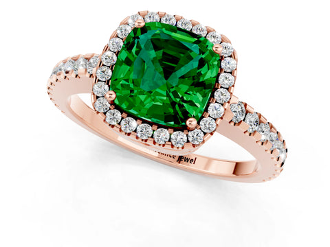 Rose gold Cushion Cut Emerald Halo Engagement Ring with Pavé Band and Prong Setting_13