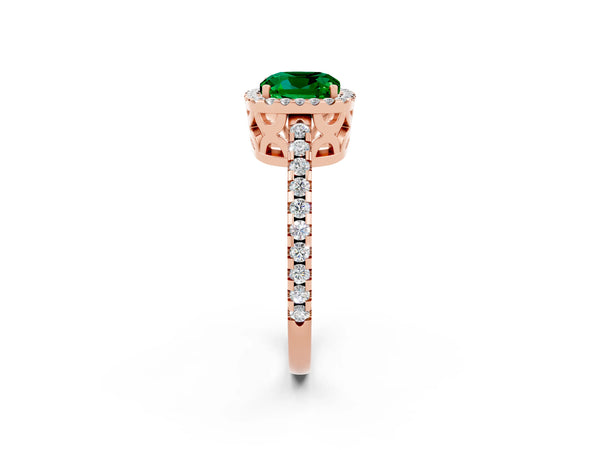 Rose gold Cushion Cut Emerald Halo Engagement Ring with Pavé Band and Prong Setting