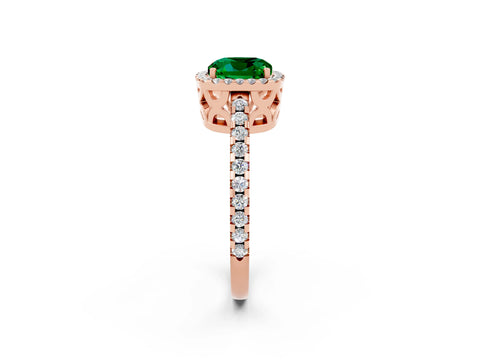 Rose gold Cushion Cut Emerald Halo Engagement Ring with Pavé Band and Prong Setting_14
