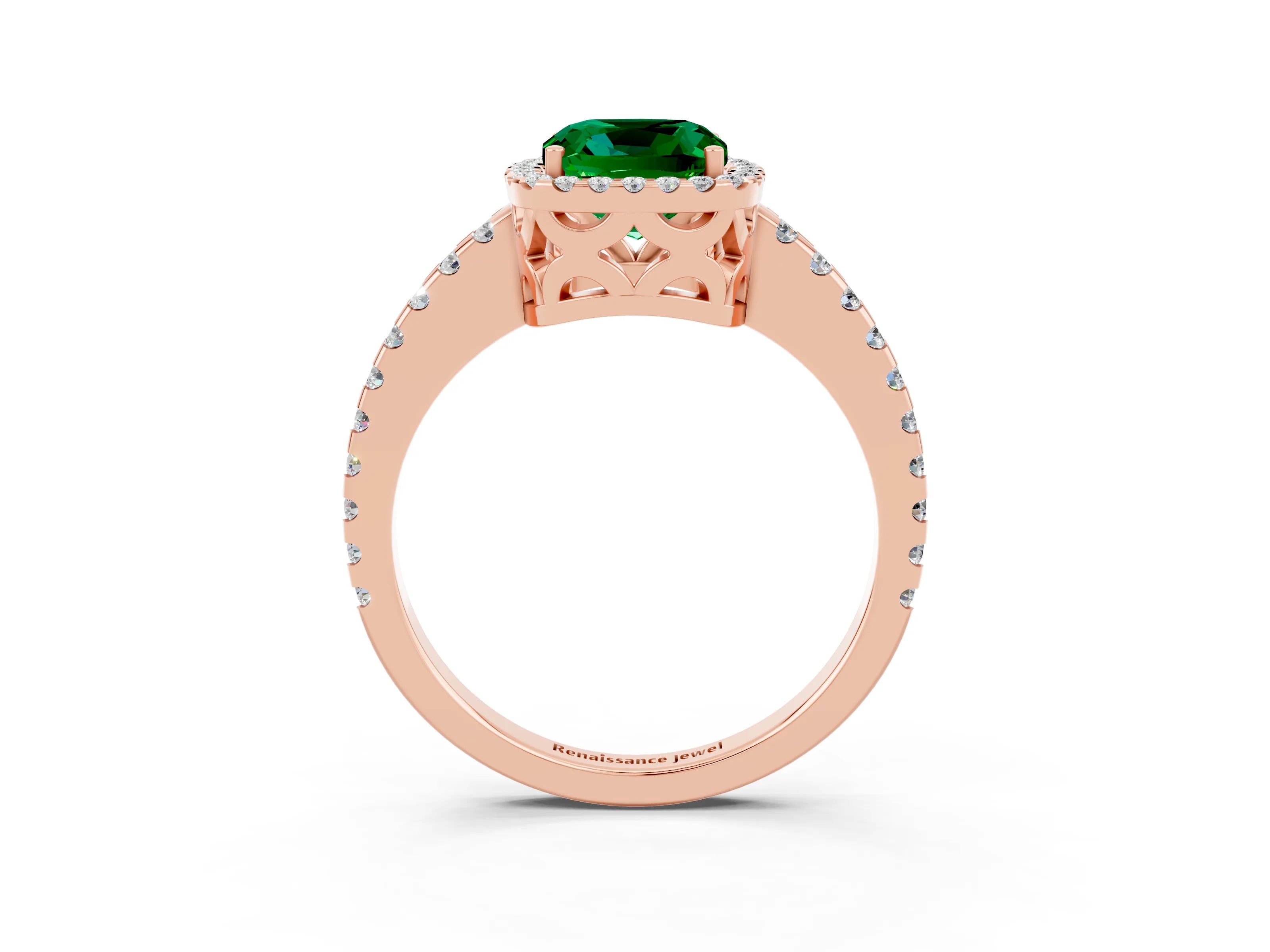 Rose gold Cushion Cut Emerald Halo Engagement Ring with Pavé Band and Prong Setting_15