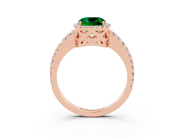 Rose gold Cushion Cut Emerald Halo Engagement Ring with Pavé Band and Prong Setting