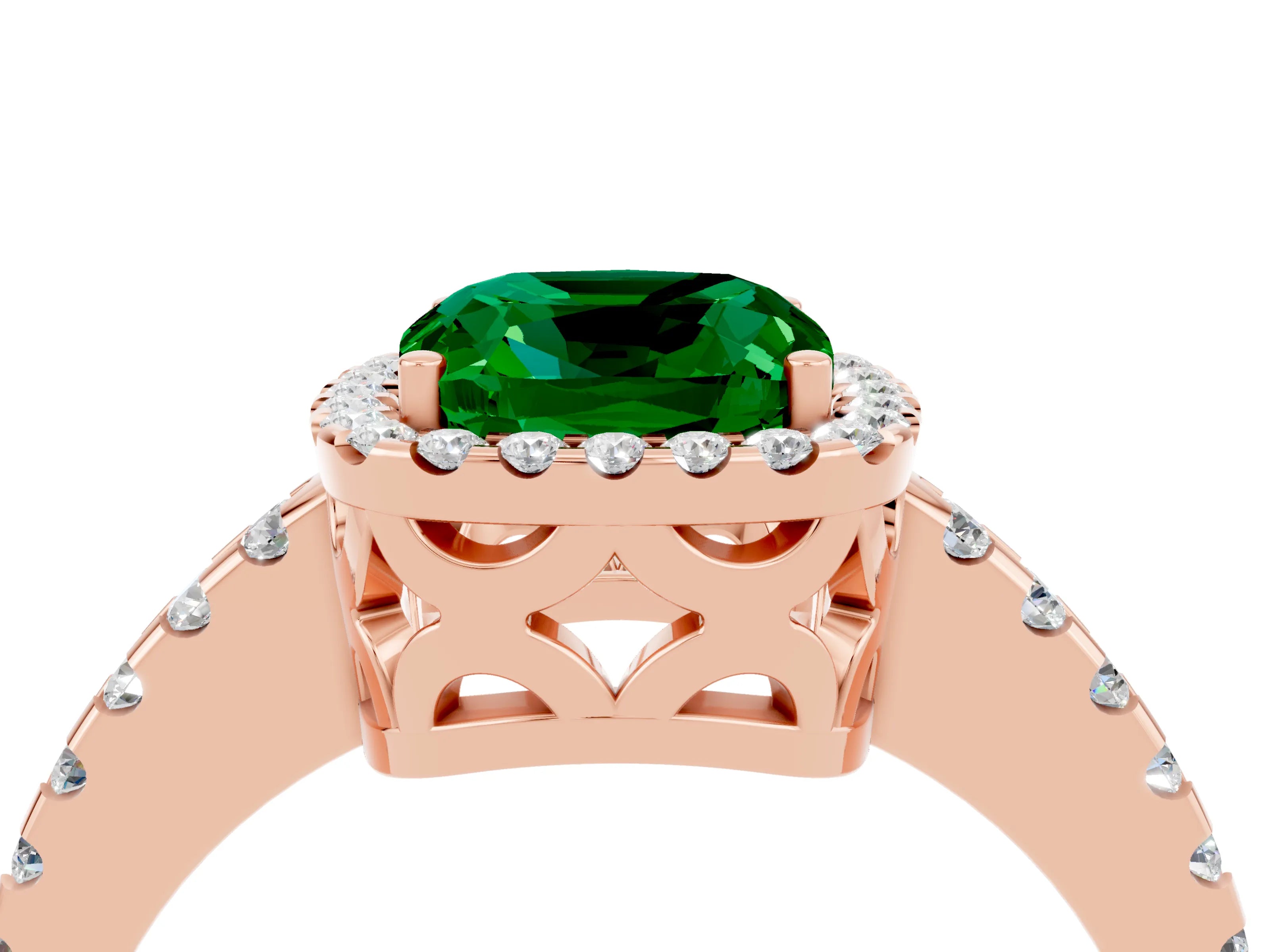 Rose gold Cushion Cut Emerald Halo Engagement Ring with Pavé Band and Prong Setting_16
