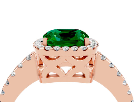Rose gold Cushion Cut Emerald Halo Engagement Ring with Pavé Band and Prong Setting_16