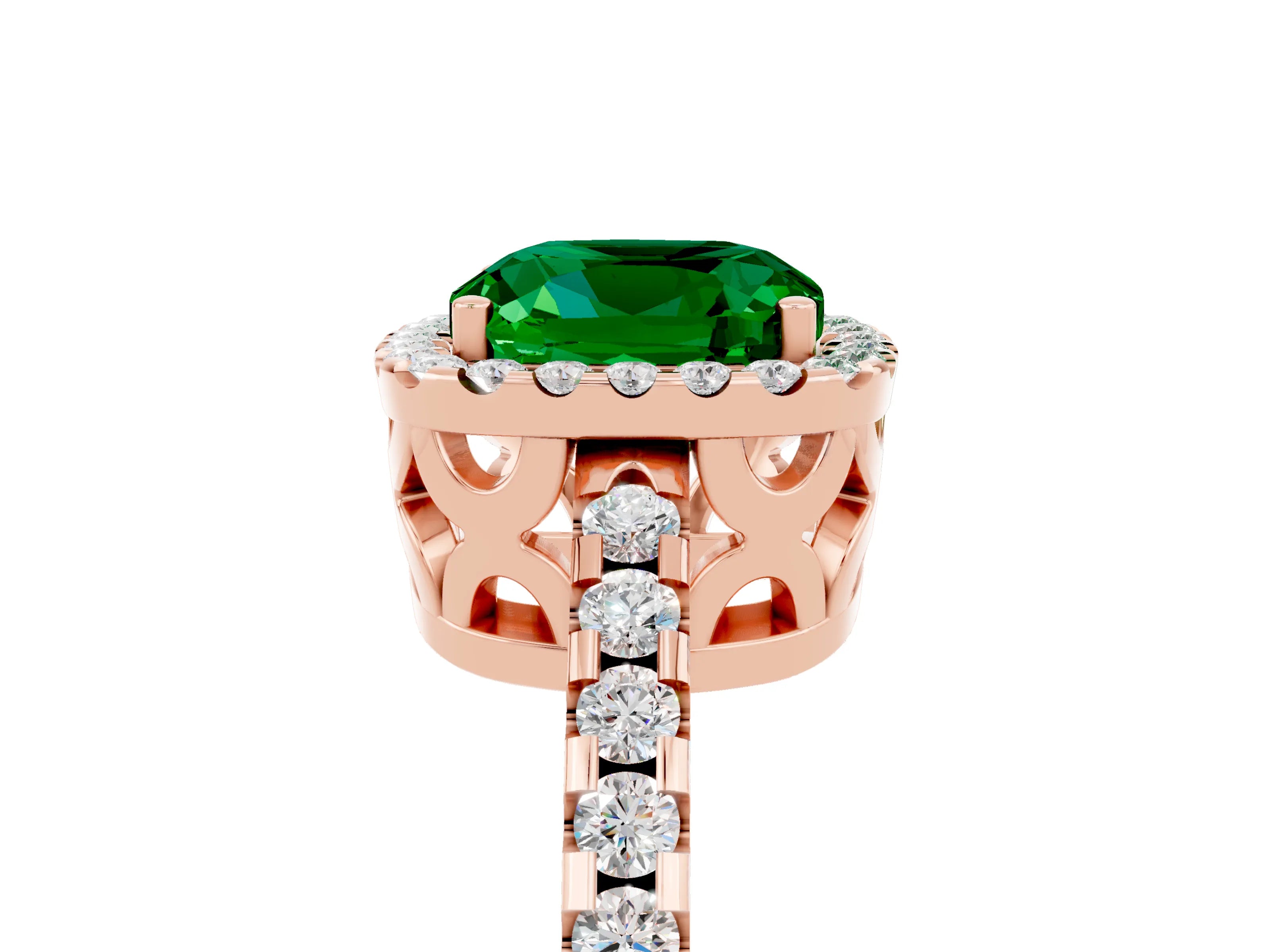 Rose gold Cushion Cut Emerald Halo Engagement Ring with Pavé Band and Prong Setting_17