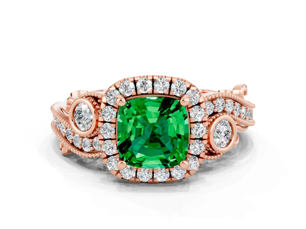 Rose gold Cushion Cut Emerald Halo Ring with Milgrain Pavé Band and Four-Prong Setting