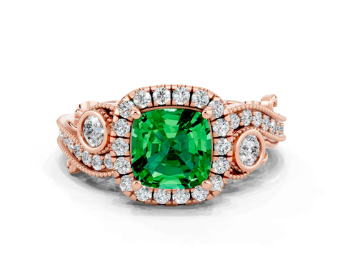 Rose gold Cushion Cut Emerald Halo Ring with Milgrain Pavé Band and Four-Prong Setting_12