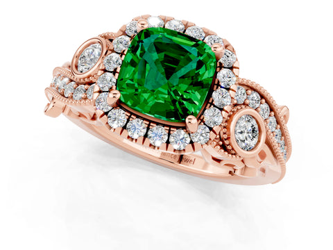 Rose gold Cushion Cut Emerald Halo Ring with Milgrain Pavé Band and Four-Prong Setting_13