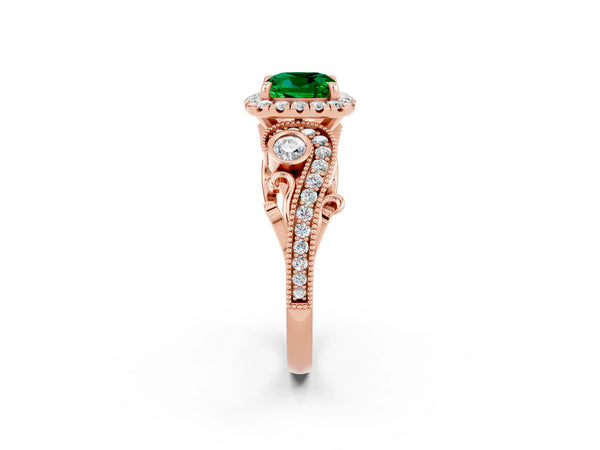 Rose gold Cushion Cut Emerald Halo Ring with Milgrain Pavé Band and Four-Prong Setting