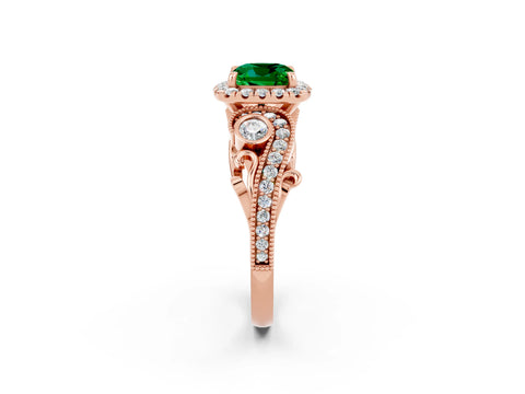 Rose gold Cushion Cut Emerald Halo Ring with Milgrain Pavé Band and Four-Prong Setting_14