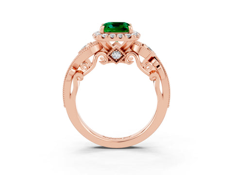 Rose gold Cushion Cut Emerald Halo Ring with Milgrain Pavé Band and Four-Prong Setting_15