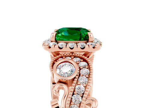 Rose gold Cushion Cut Emerald Halo Ring with Milgrain Pavé Band and Four-Prong Setting_17