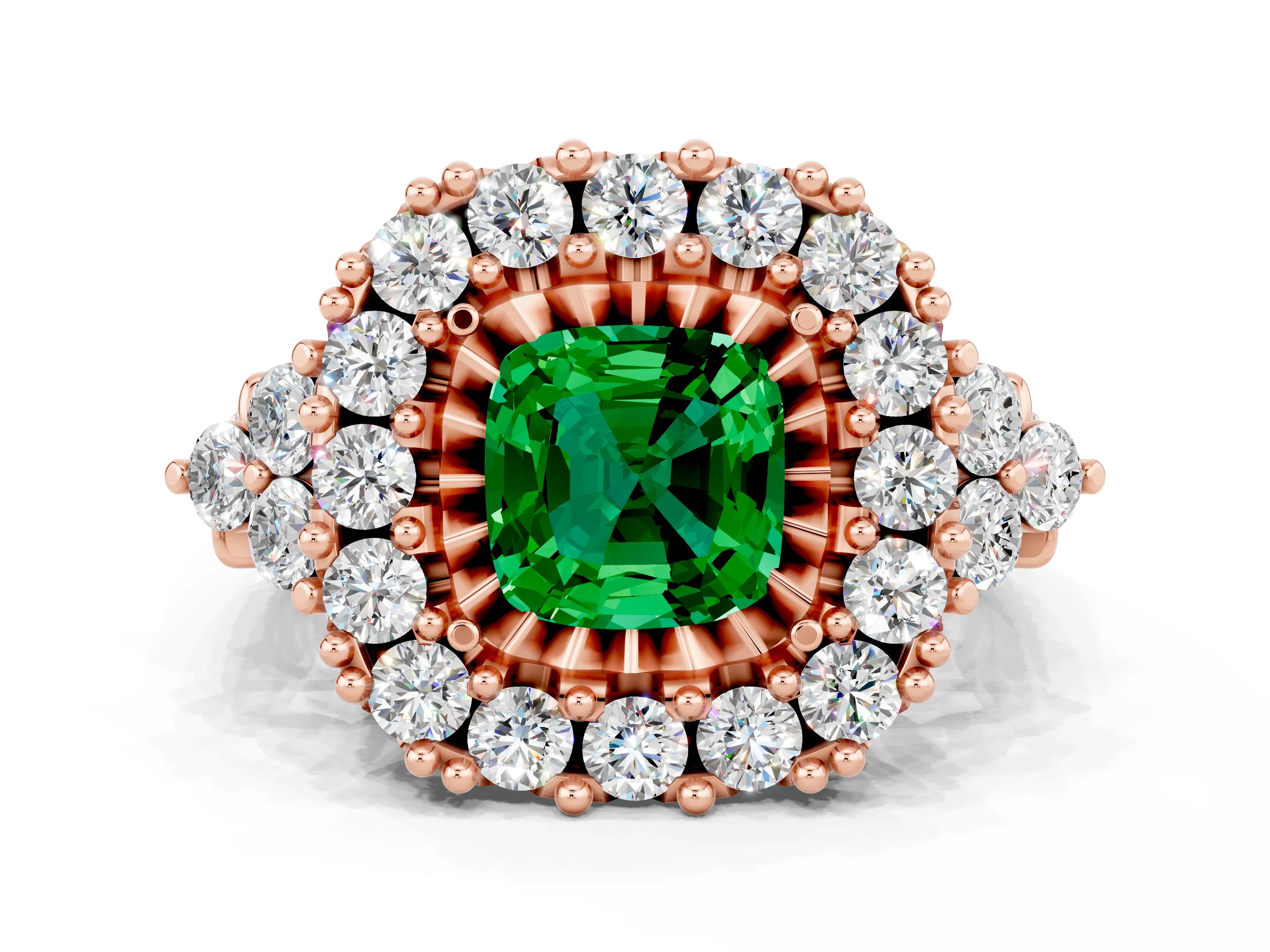 Rose gold Cushion Cut Emerald Halo Ring with Pavé Band and Four-Prong Setting_12