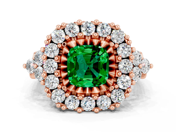 Rose gold Cushion Cut Emerald Halo Ring with Pavé Band and Four-Prong Setting