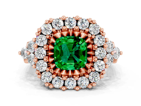 Rose gold Cushion Cut Emerald Halo Ring with Pavé Band and Four-Prong Setting_12