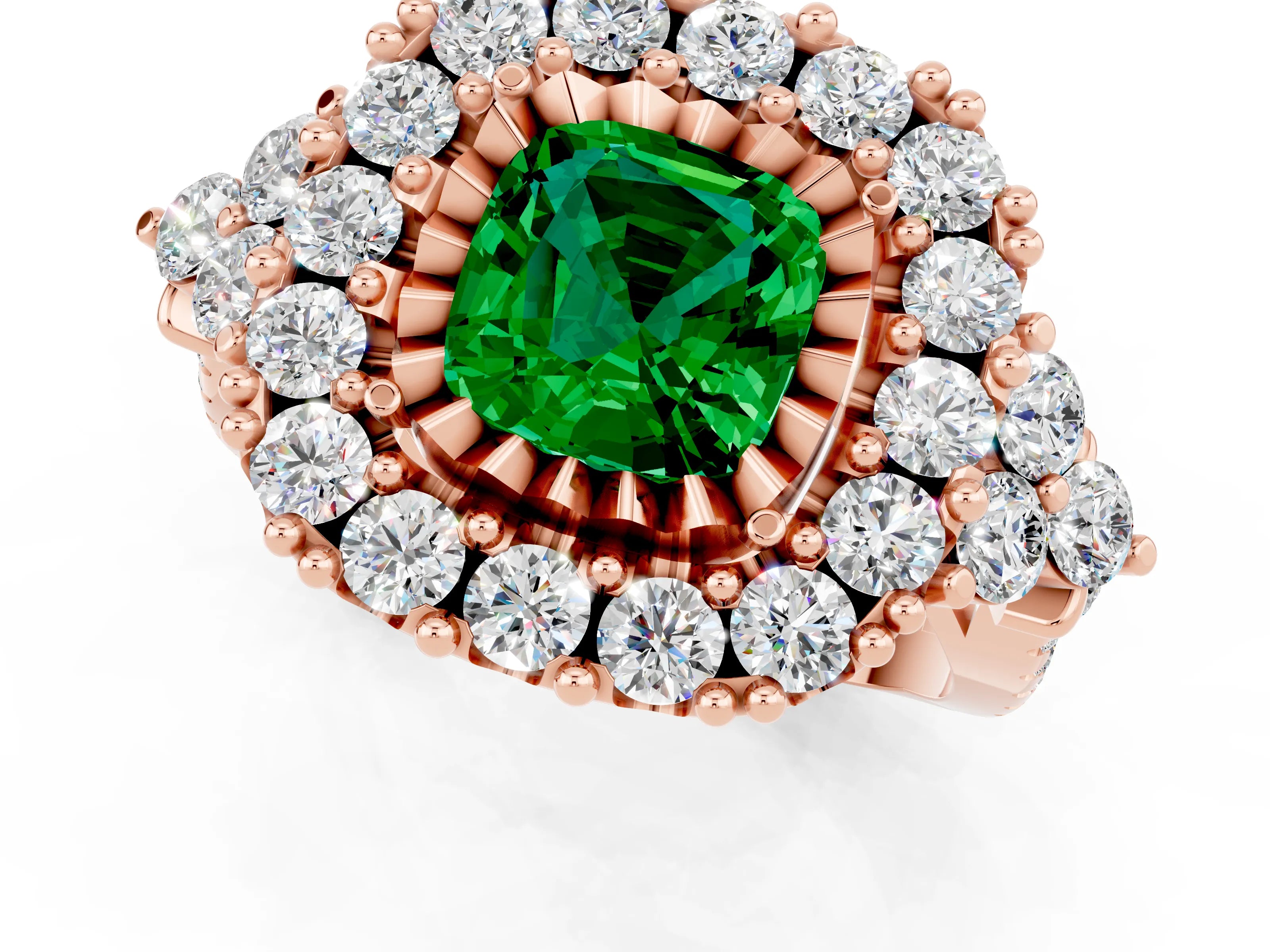Rose gold Cushion Cut Emerald Halo Ring with Pavé Band and Four-Prong Setting_13