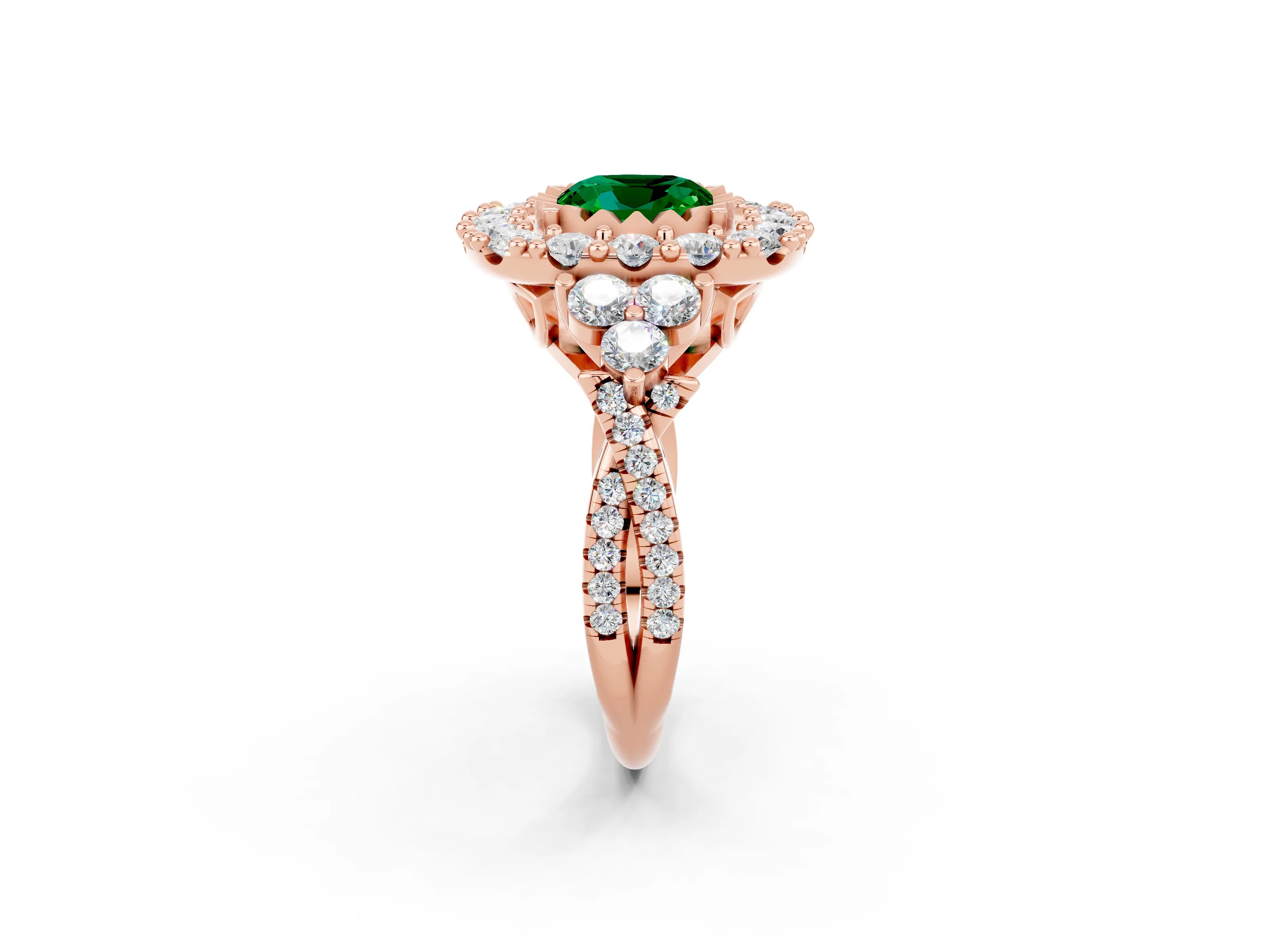 Rose gold Cushion Cut Emerald Halo Ring with Pavé Band and Four-Prong Setting_14