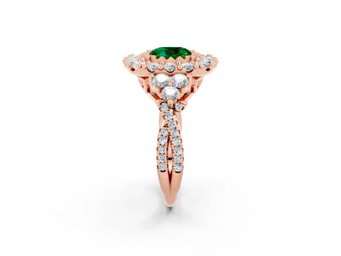 Rose gold Cushion Cut Emerald Halo Ring with Pavé Band and Four-Prong Setting_14