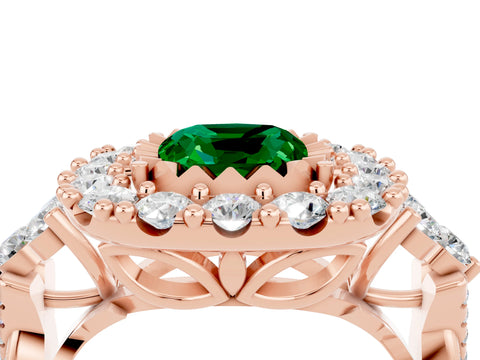 Rose gold Cushion Cut Emerald Halo Ring with Pavé Band and Four-Prong Setting_16
