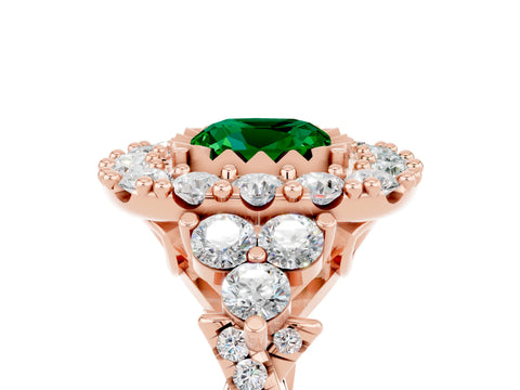 Rose gold Cushion Cut Emerald Halo Ring with Pavé Band and Four-Prong Setting_17