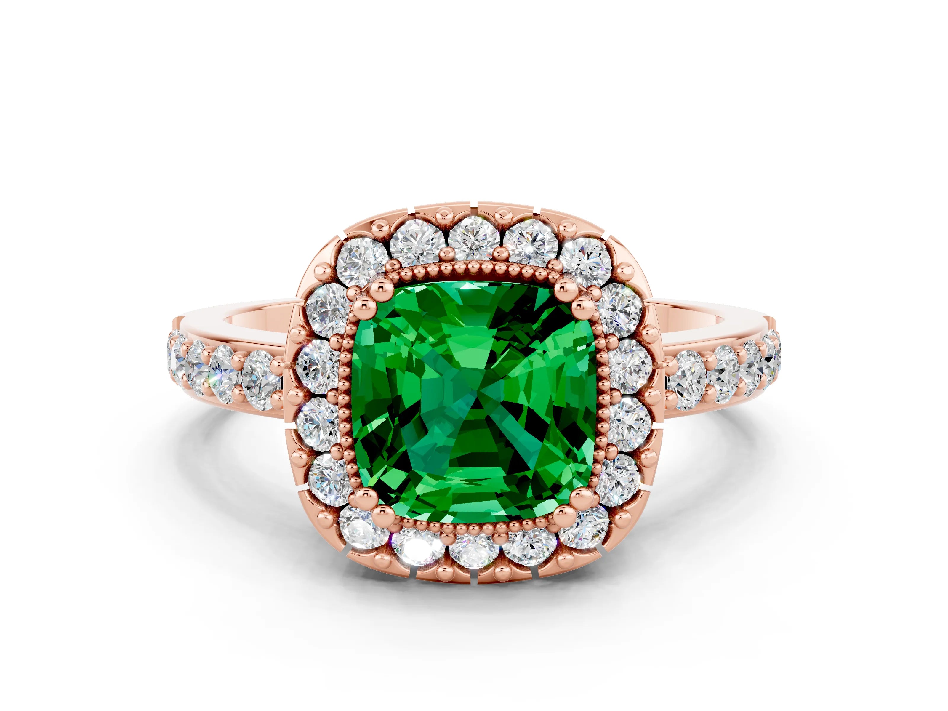 Rose gold Cushion Cut Emerald Halo Ring with Pavé Band and Prong Setting