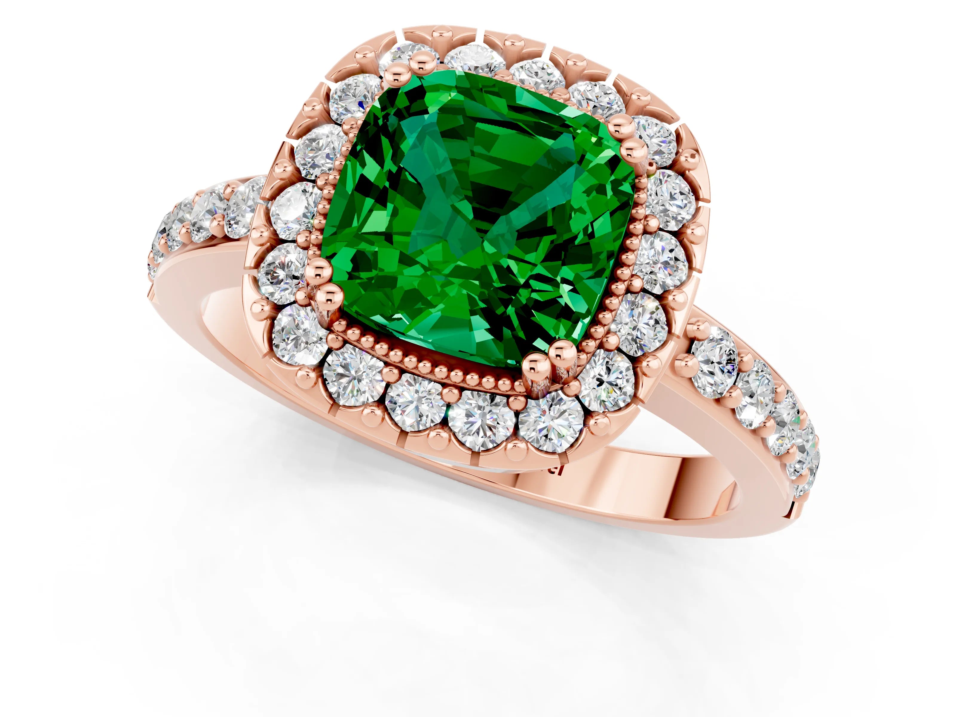 Rose gold Cushion Cut Emerald Halo Ring with Pavé Band and Prong Setting_1