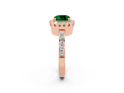 Rose gold Cushion Cut Emerald Halo Ring with Pavé Band and Prong Setting_2