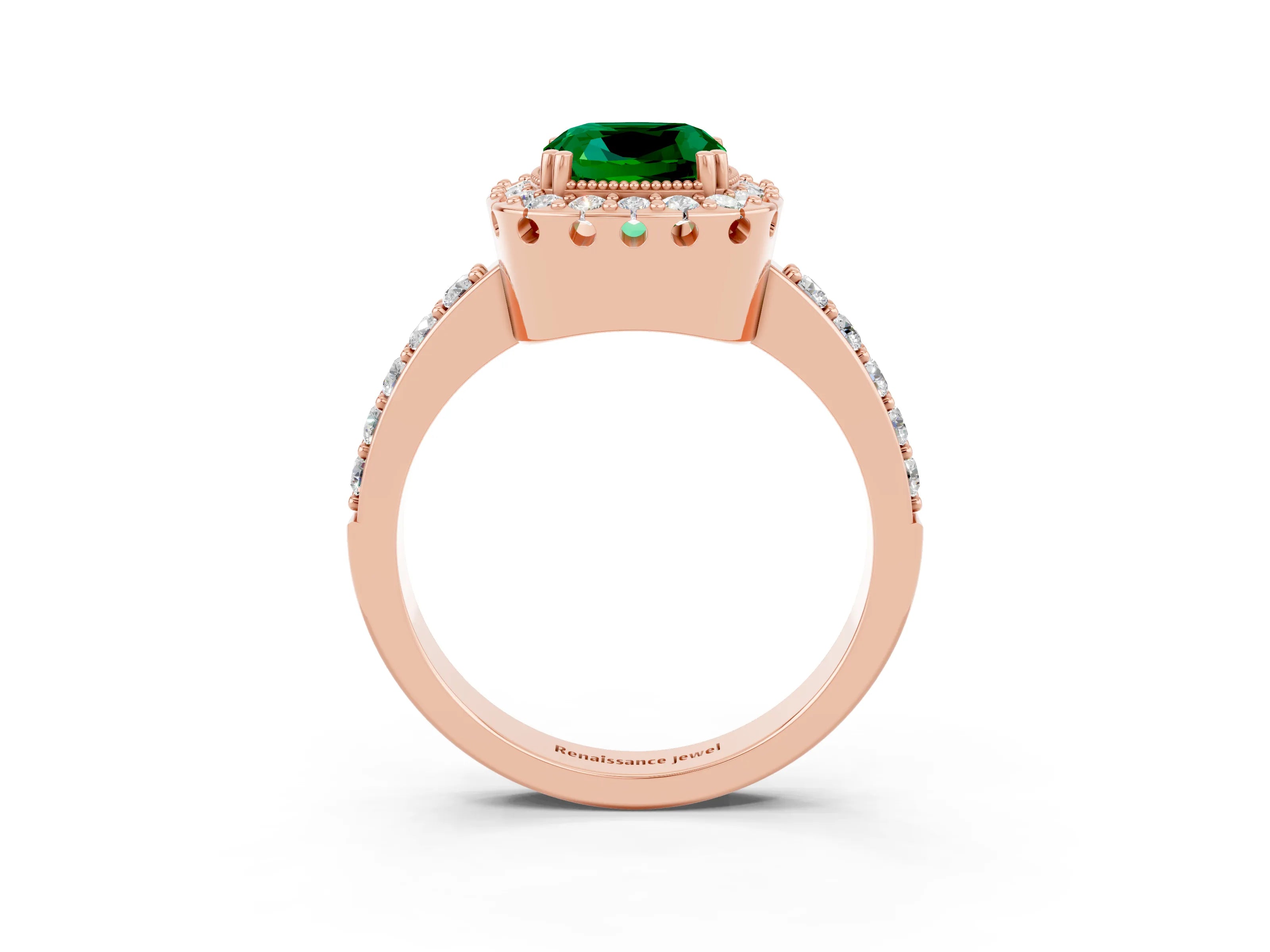 Rose gold Cushion Cut Emerald Halo Ring with Pavé Band and Prong Setting_3