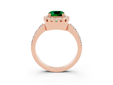 Rose gold Cushion Cut Emerald Halo Ring with Pavé Band and Prong Setting_3