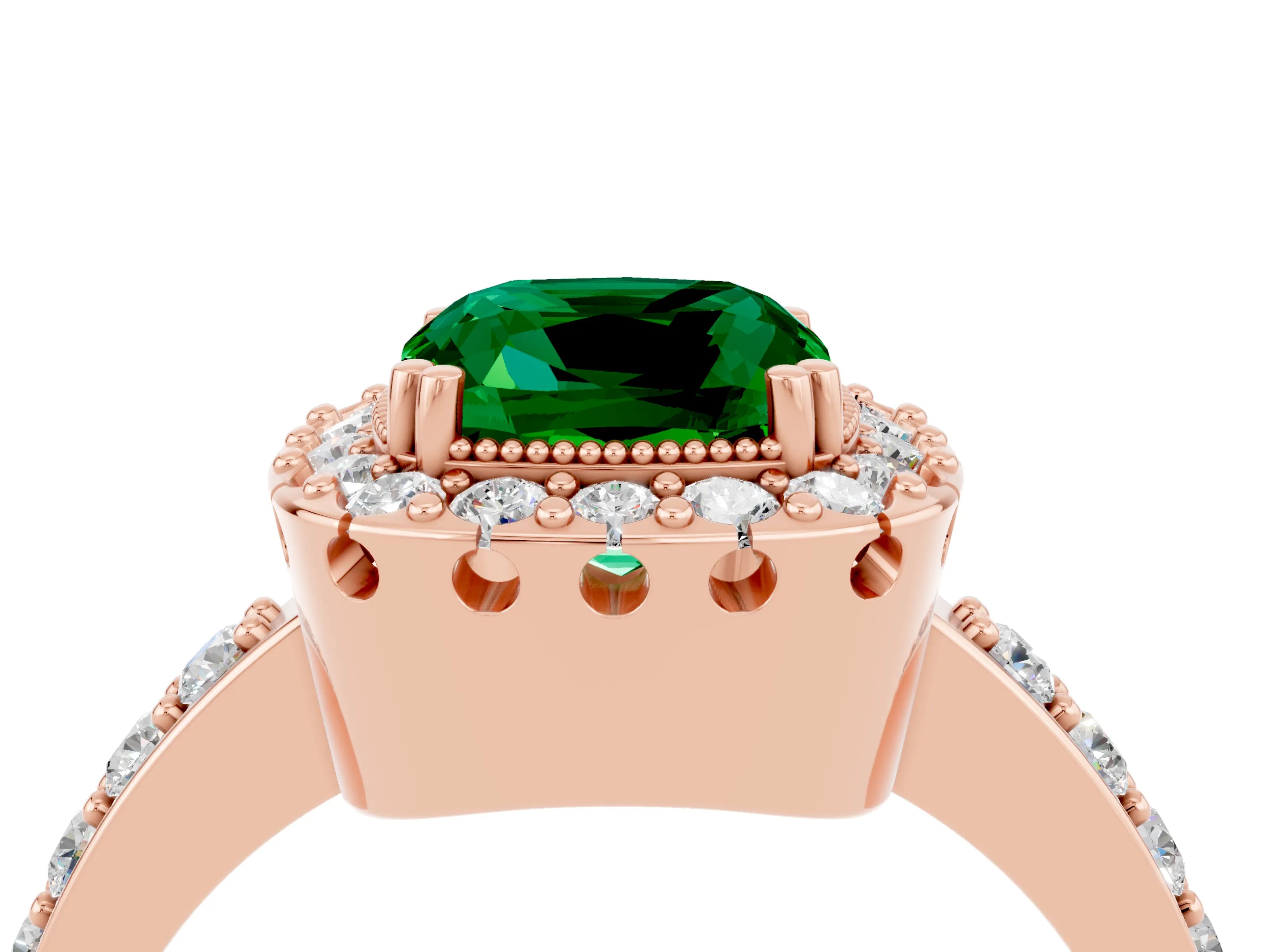 Rose gold Cushion Cut Emerald Halo Ring with Pavé Band and Prong Setting_4
