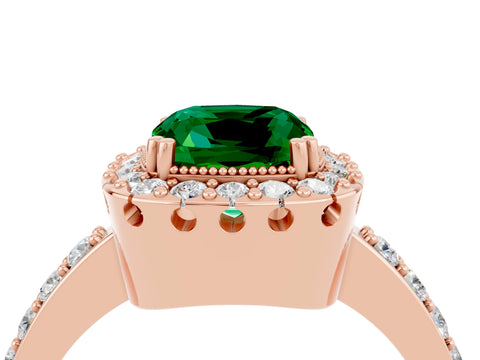 Rose gold Cushion Cut Emerald Halo Ring with Pavé Band and Prong Setting_4