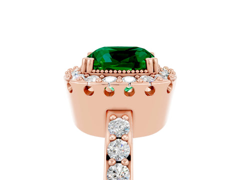 Rose gold Cushion Cut Emerald Halo Ring with Pavé Band and Prong Setting_5