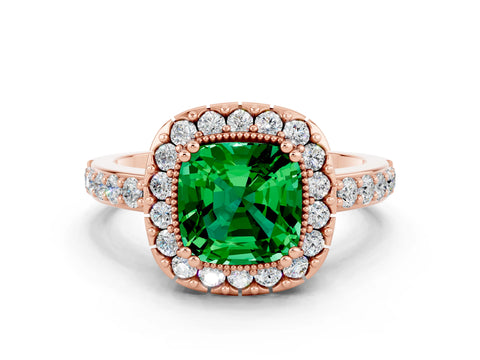 Rose gold Cushion Cut Emerald Halo Ring with Pavé Band and Prong Setting