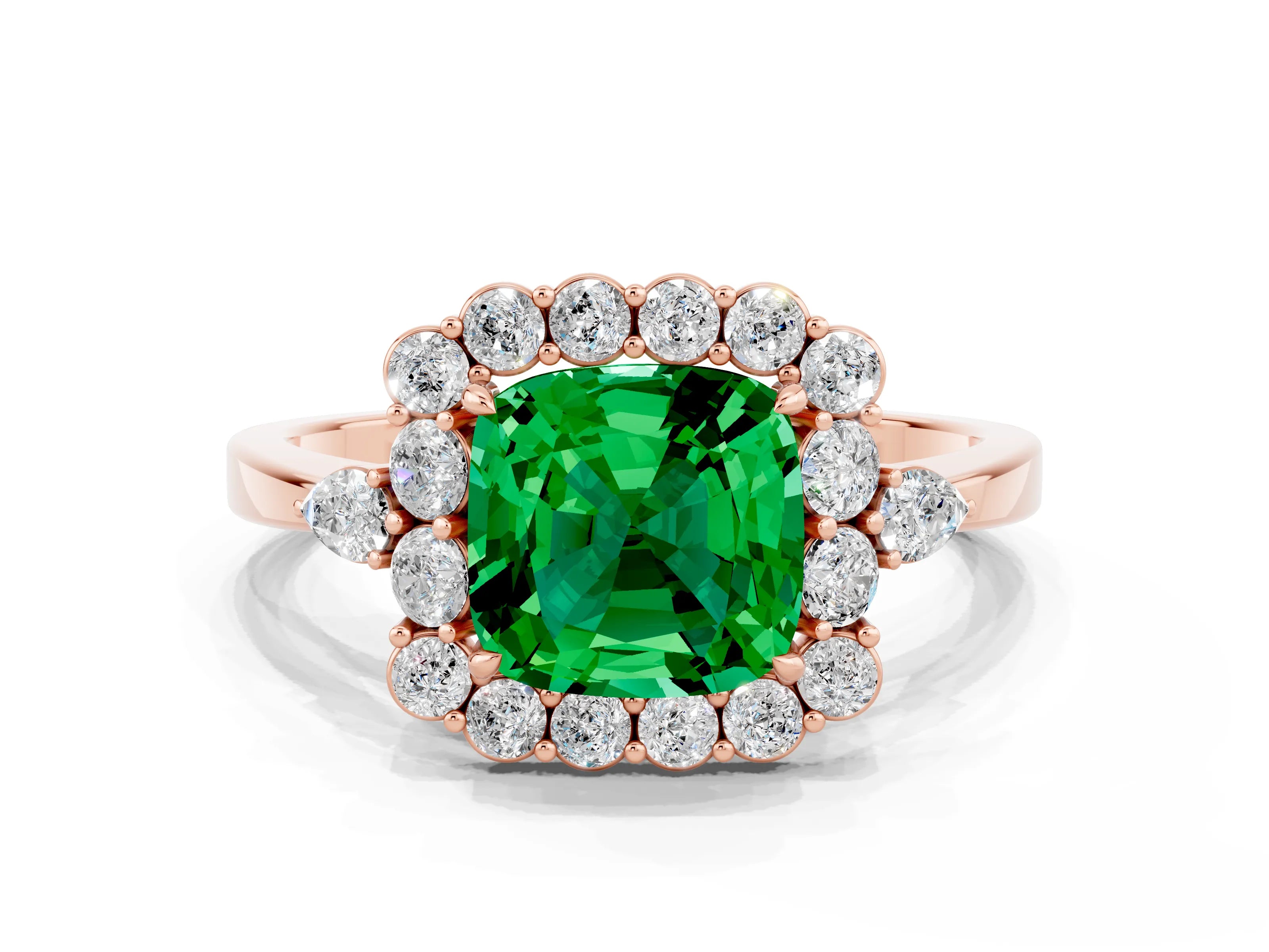 Rose gold Cushion Cut Emerald Halo Ring with Pear Side Stones and Prong Setting_12