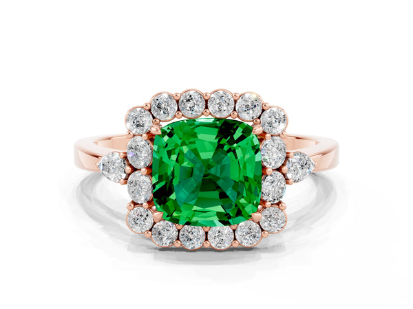 Rose gold Cushion Cut Emerald Halo Ring with Pear Side Stones and Prong Setting