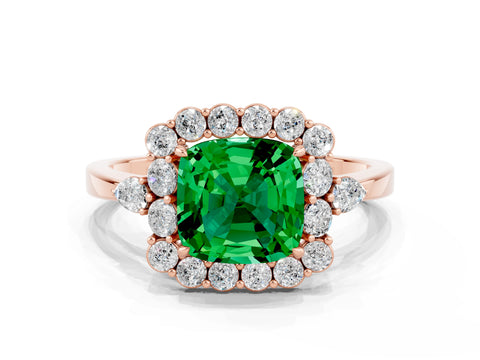 Rose gold Cushion Cut Emerald Halo Ring with Pear Side Stones and Prong Setting_12