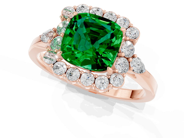Rose gold Cushion Cut Emerald Halo Ring with Pear Side Stones and Prong Setting