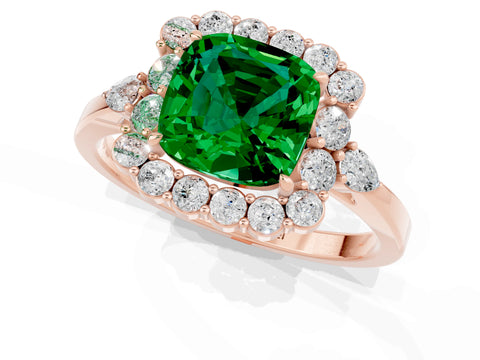 Rose gold Cushion Cut Emerald Halo Ring with Pear Side Stones and Prong Setting_13