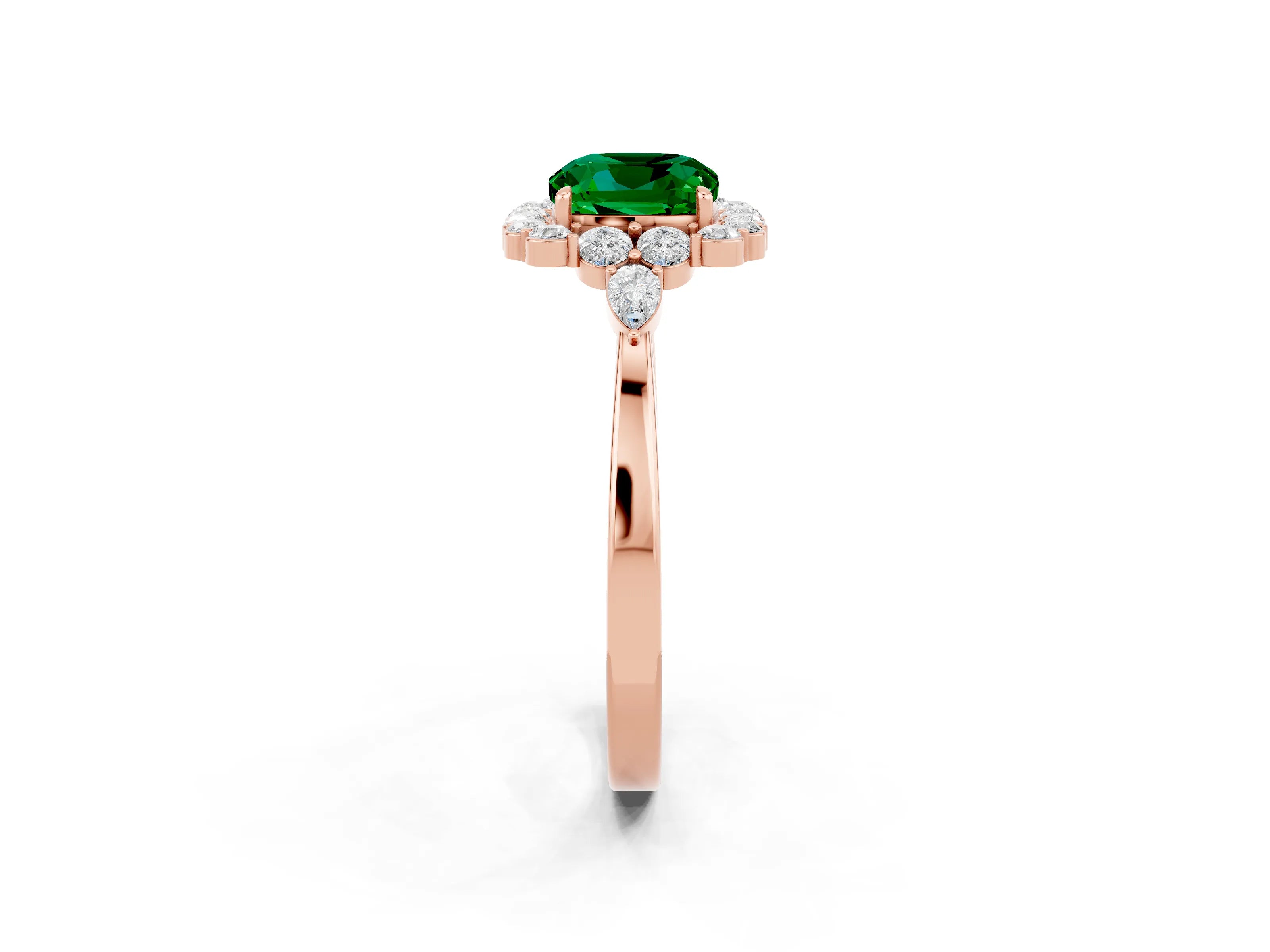 Rose gold Cushion Cut Emerald Halo Ring with Pear Side Stones and Prong Setting_14