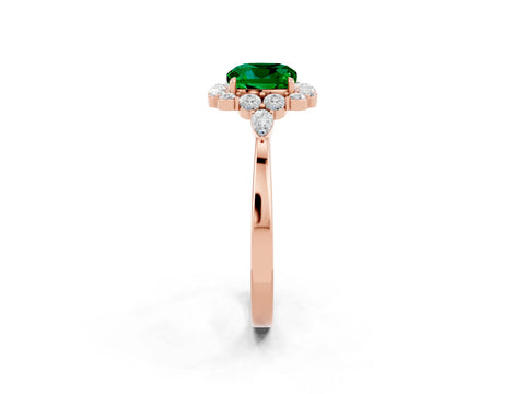 Rose gold Cushion Cut Emerald Halo Ring with Pear Side Stones and Prong Setting_14