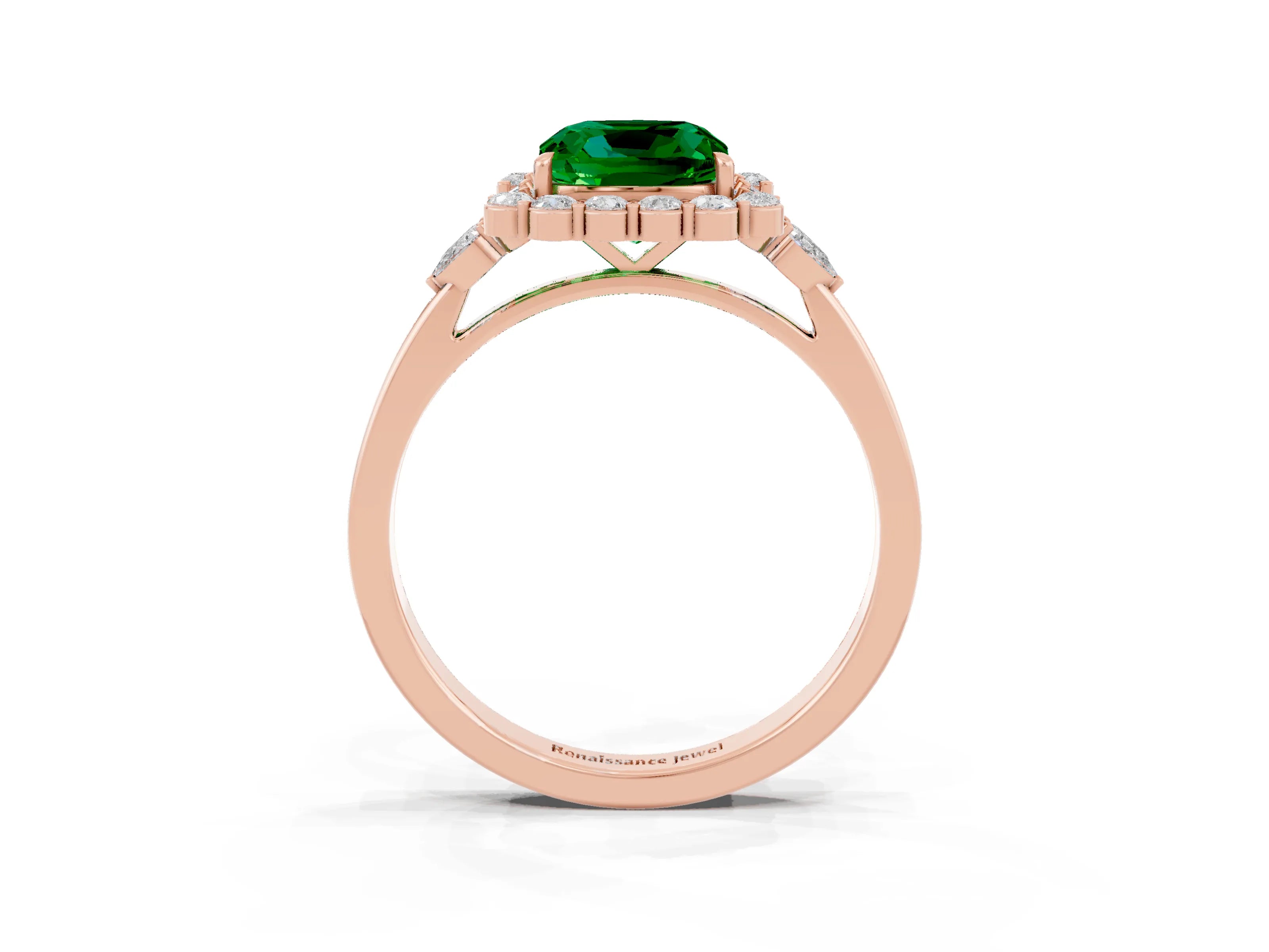 Rose gold Cushion Cut Emerald Halo Ring with Pear Side Stones and Prong Setting_15